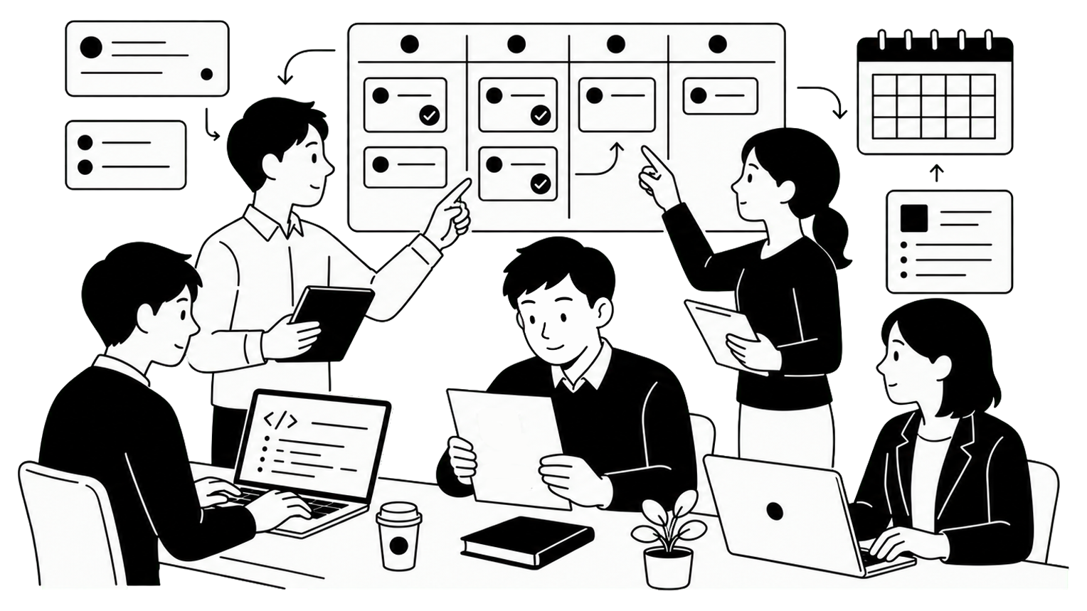 チームでUI改善に取り組む開発組織の線画